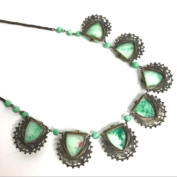 Vintage Necklace Green Czech Glass Faux Jade 1930 - Picture 5 of 11